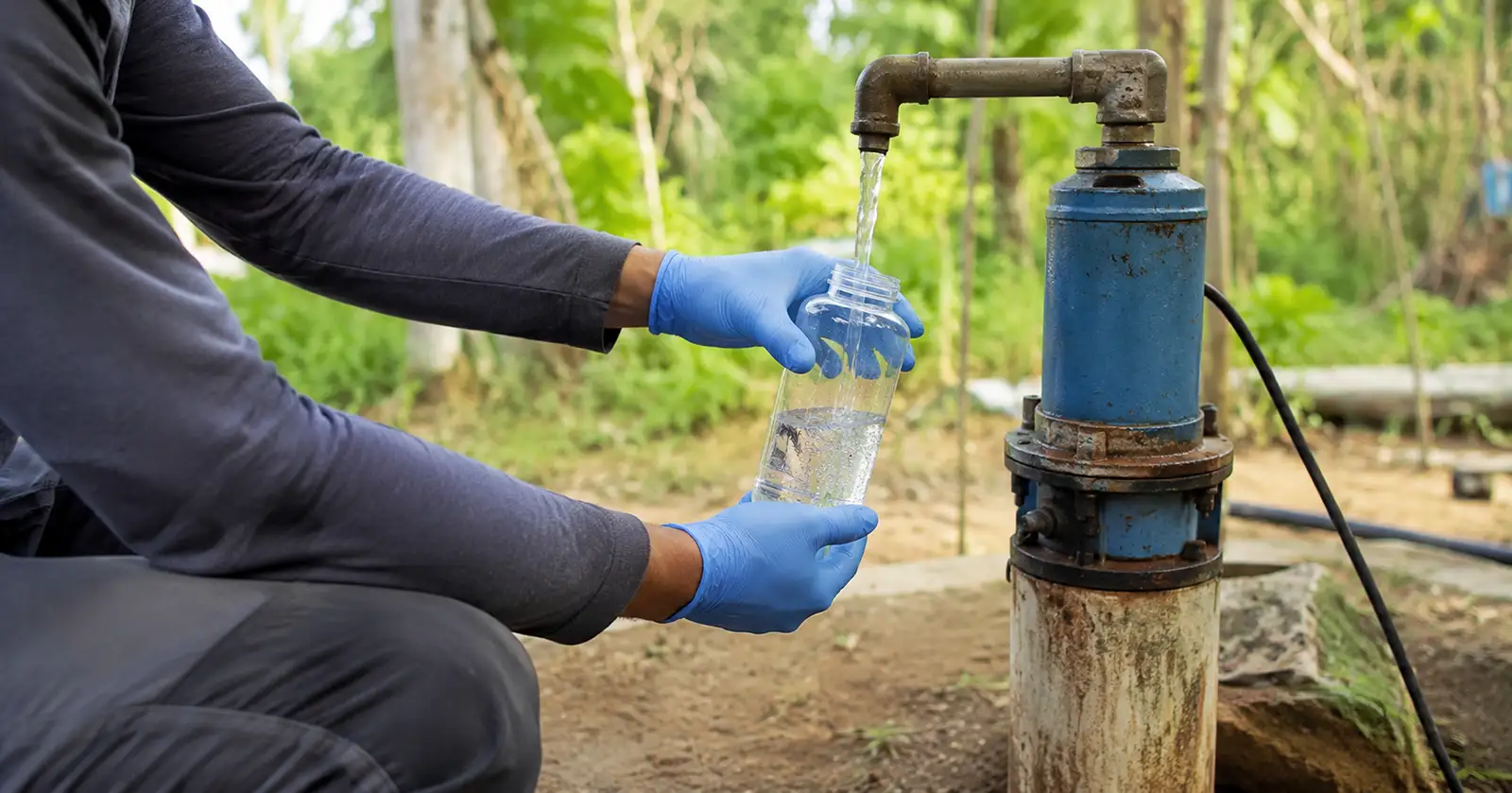 Coleta de amostra de água de poço para análise laboratorial