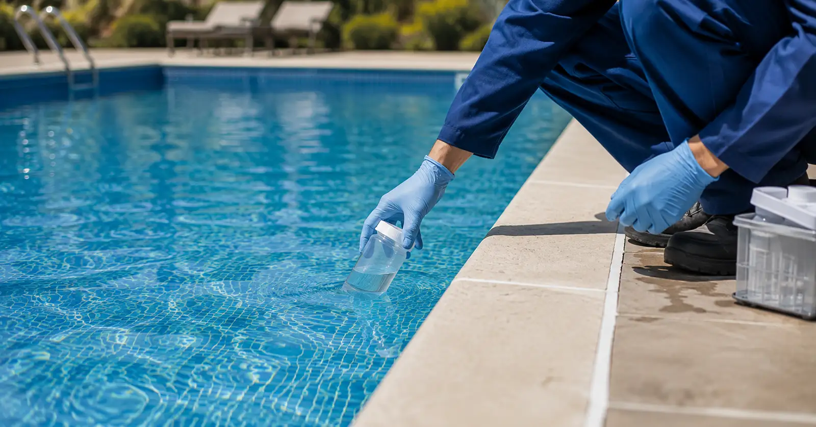Coleta de amostra de água de piscina para análise laboratorial