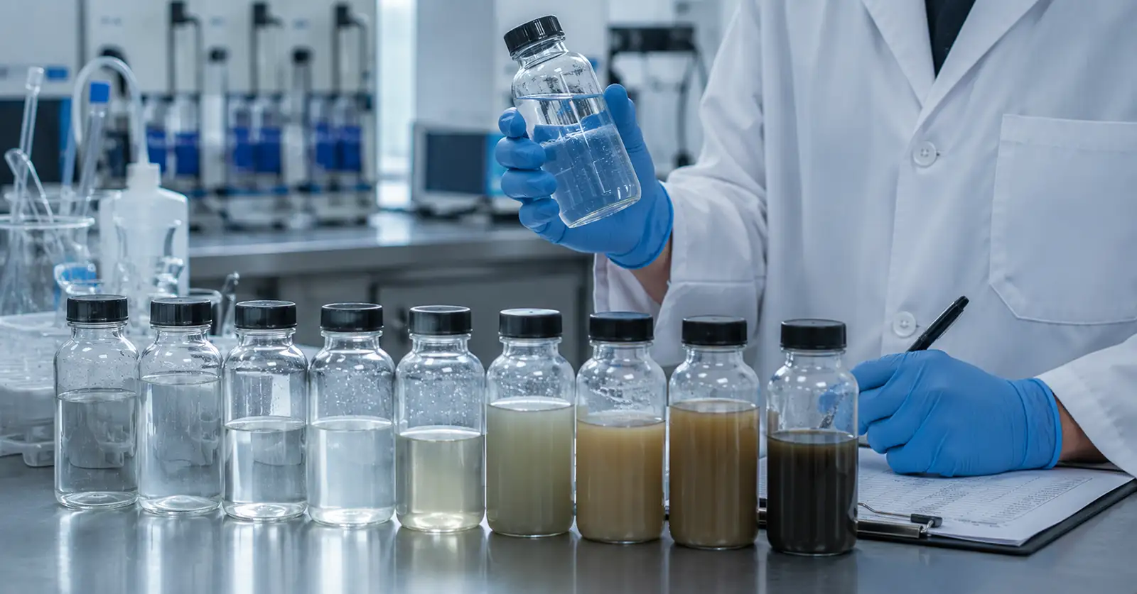 Analista de laboratório avaliando parâmetros de qualidade da água