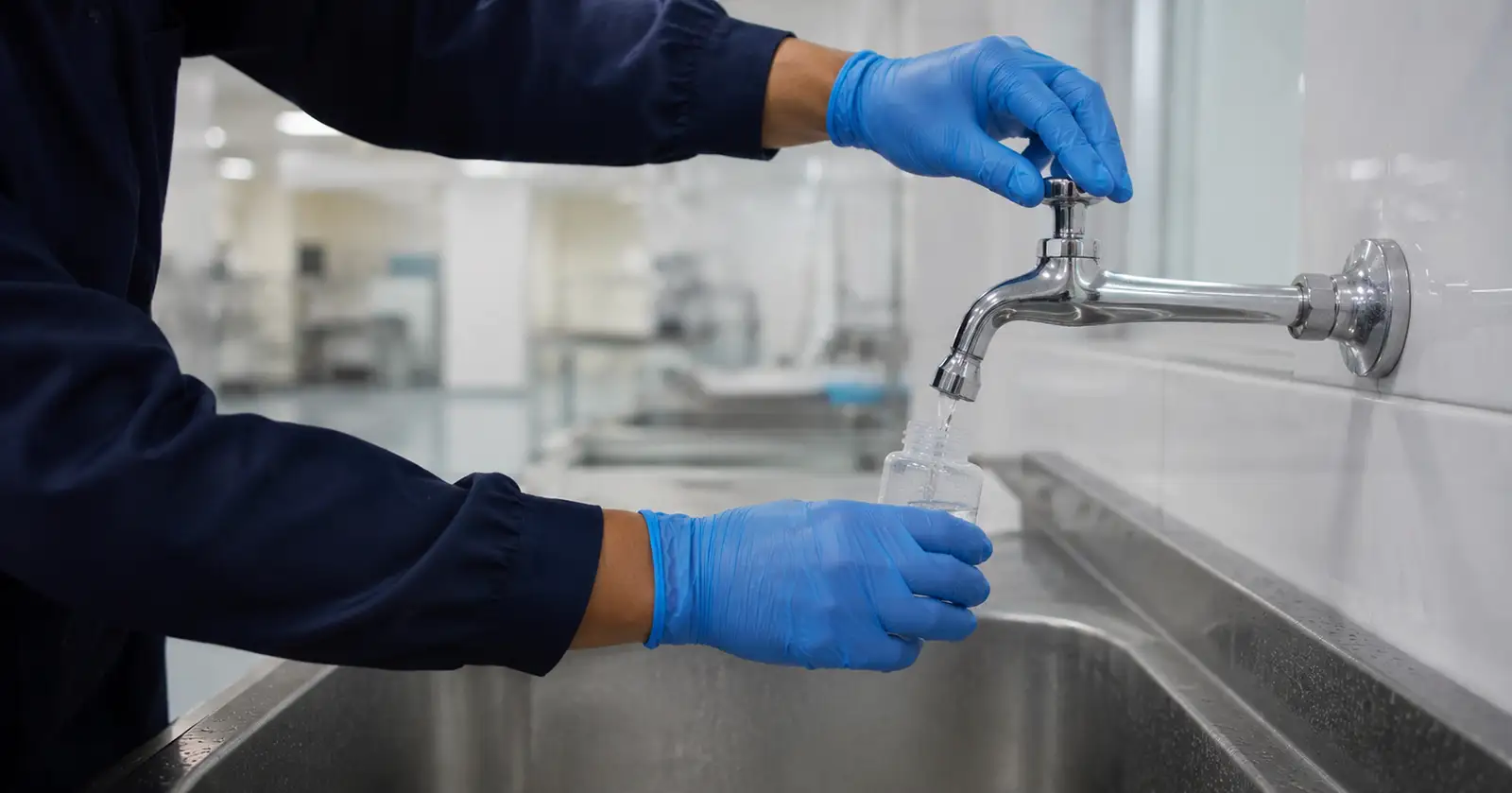 Coleta de amostra de água em estabelecimento comercial para análise