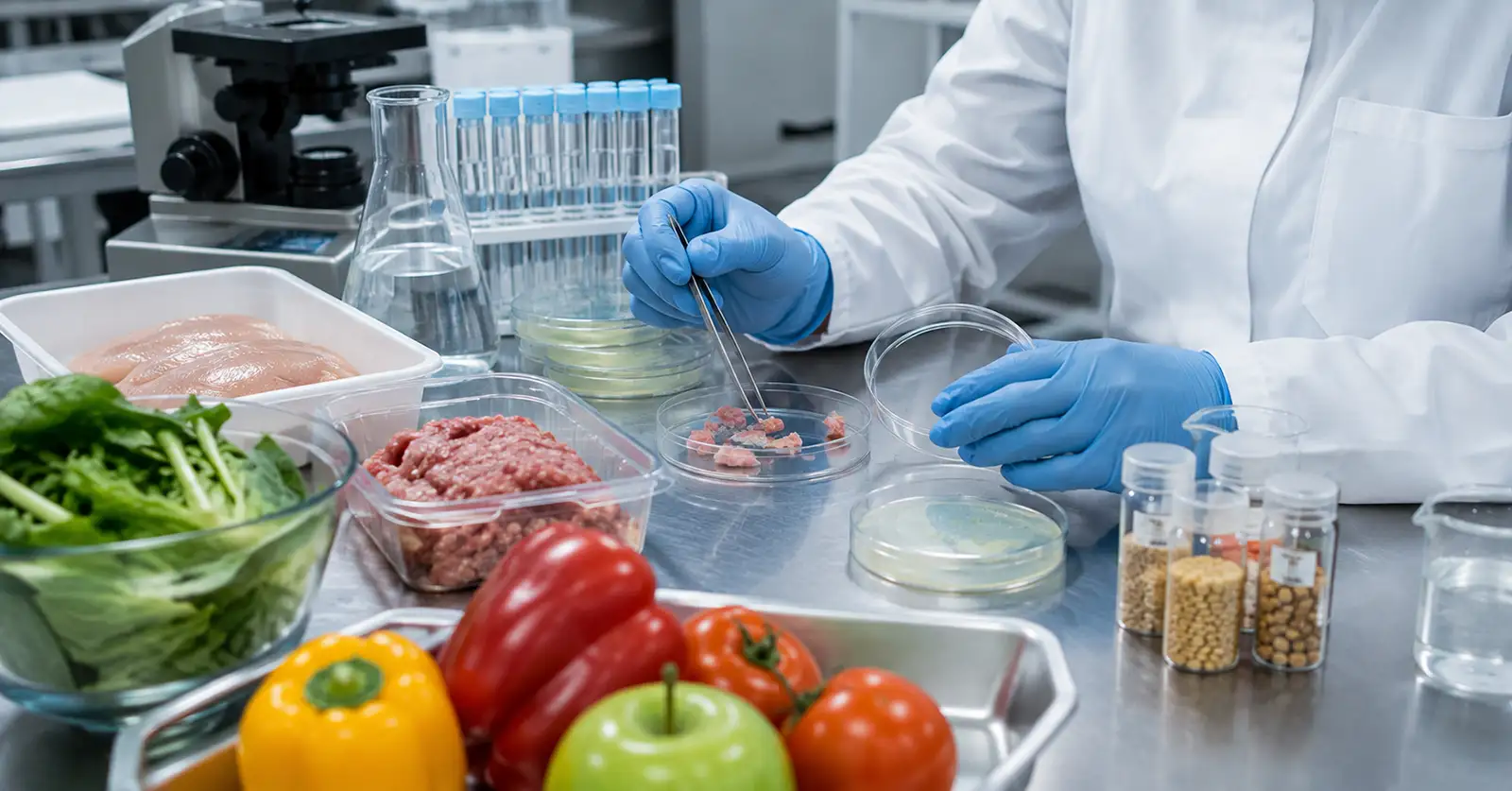 Analista de laboratório avaliando amostras de alimentos