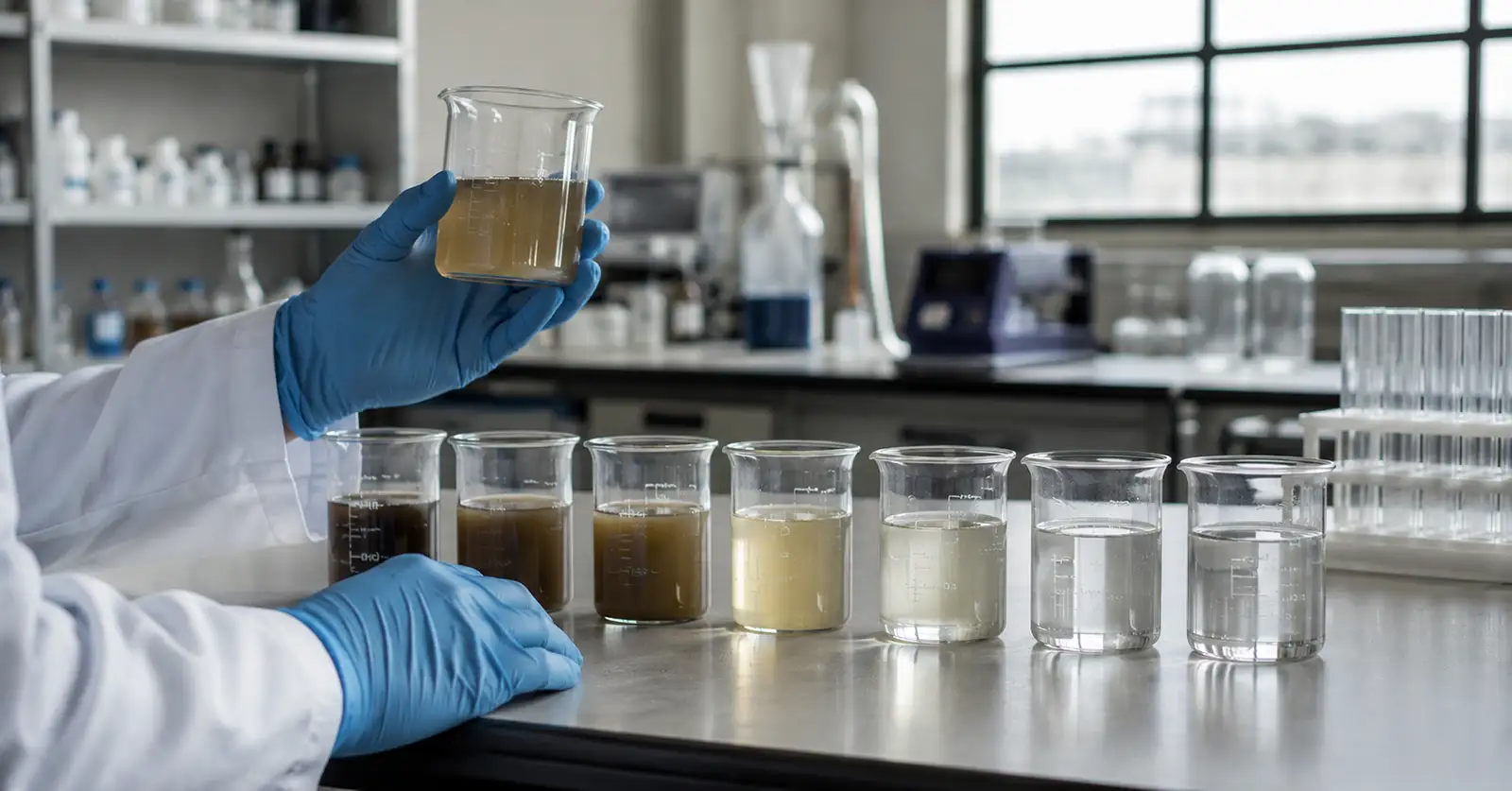 Analista de laboratório avaliando parâmetros de qualidade de efluente