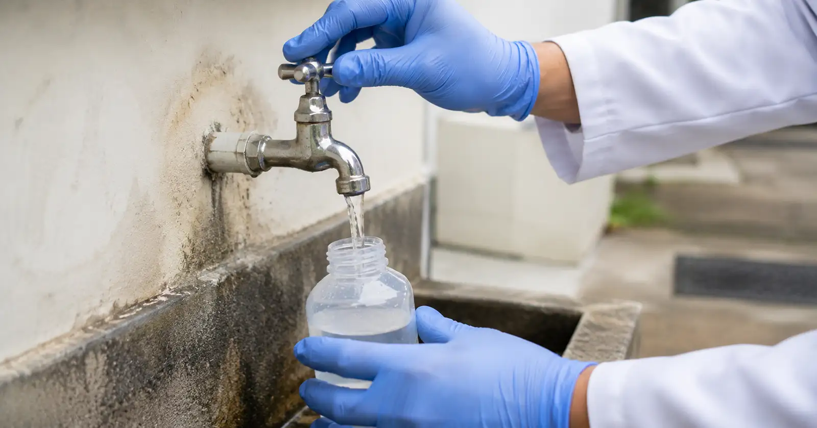 Técnico coletando amostra de água seguindo procedimento correto