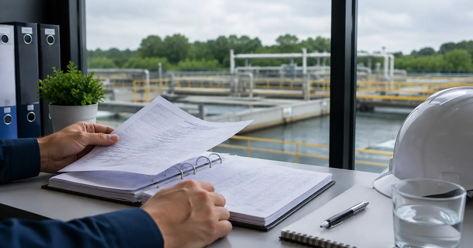 Documentos técnicos e amostra de efluente industrial representando conformidade legal