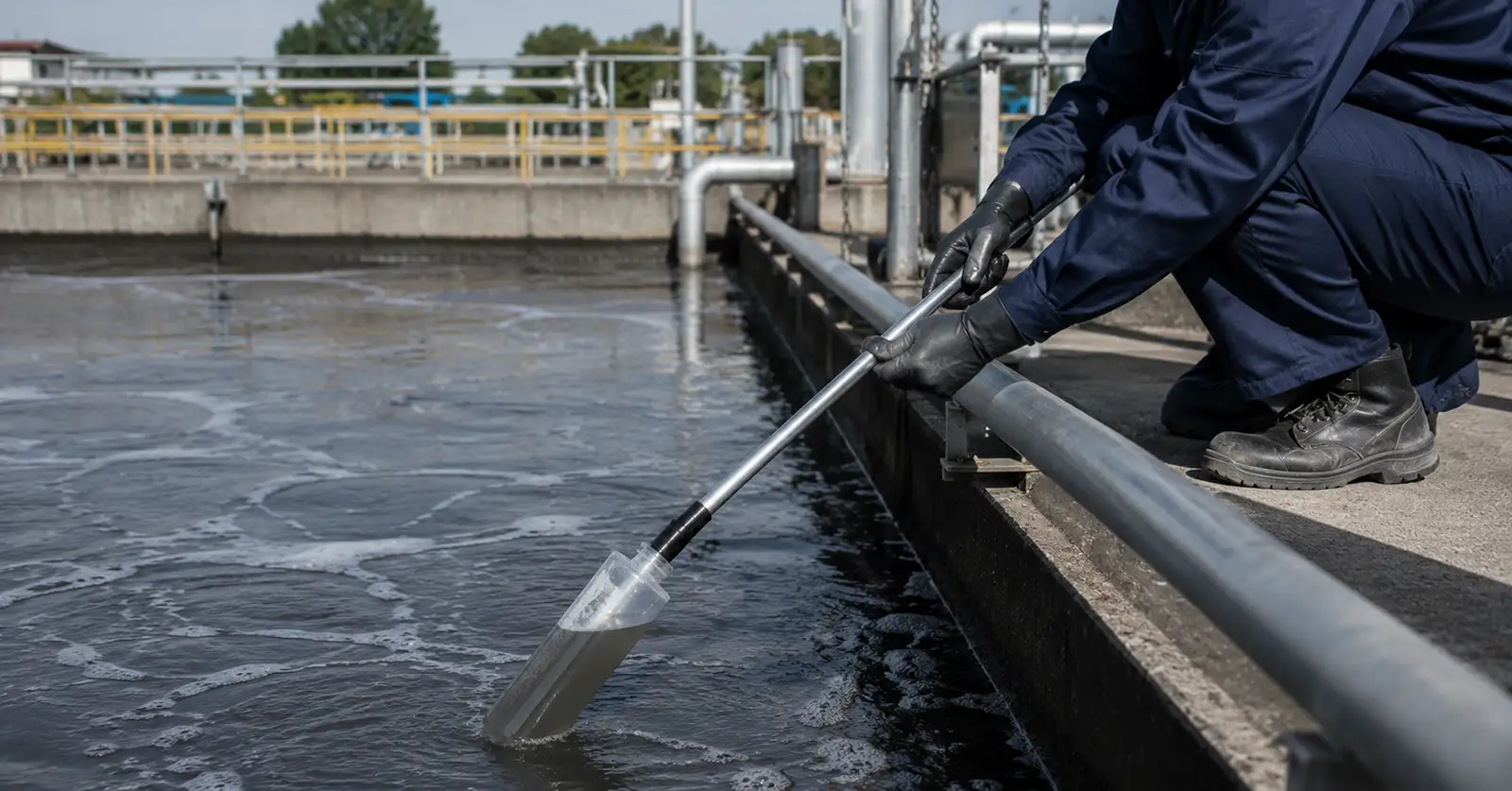 Coleta de amostra em estação de tratamento de efluentes para monitoramento