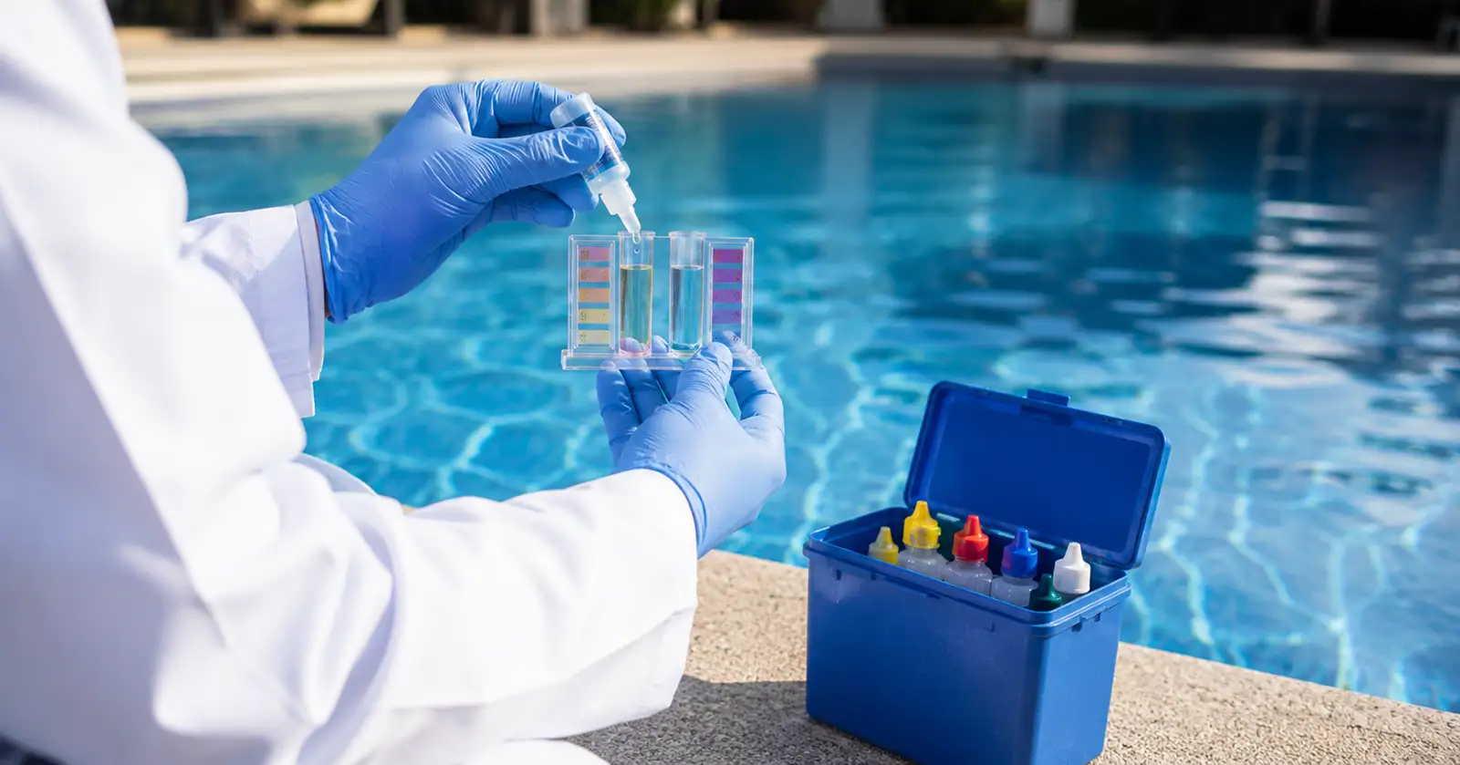 Profissional químico responsável técnico avaliando piscina