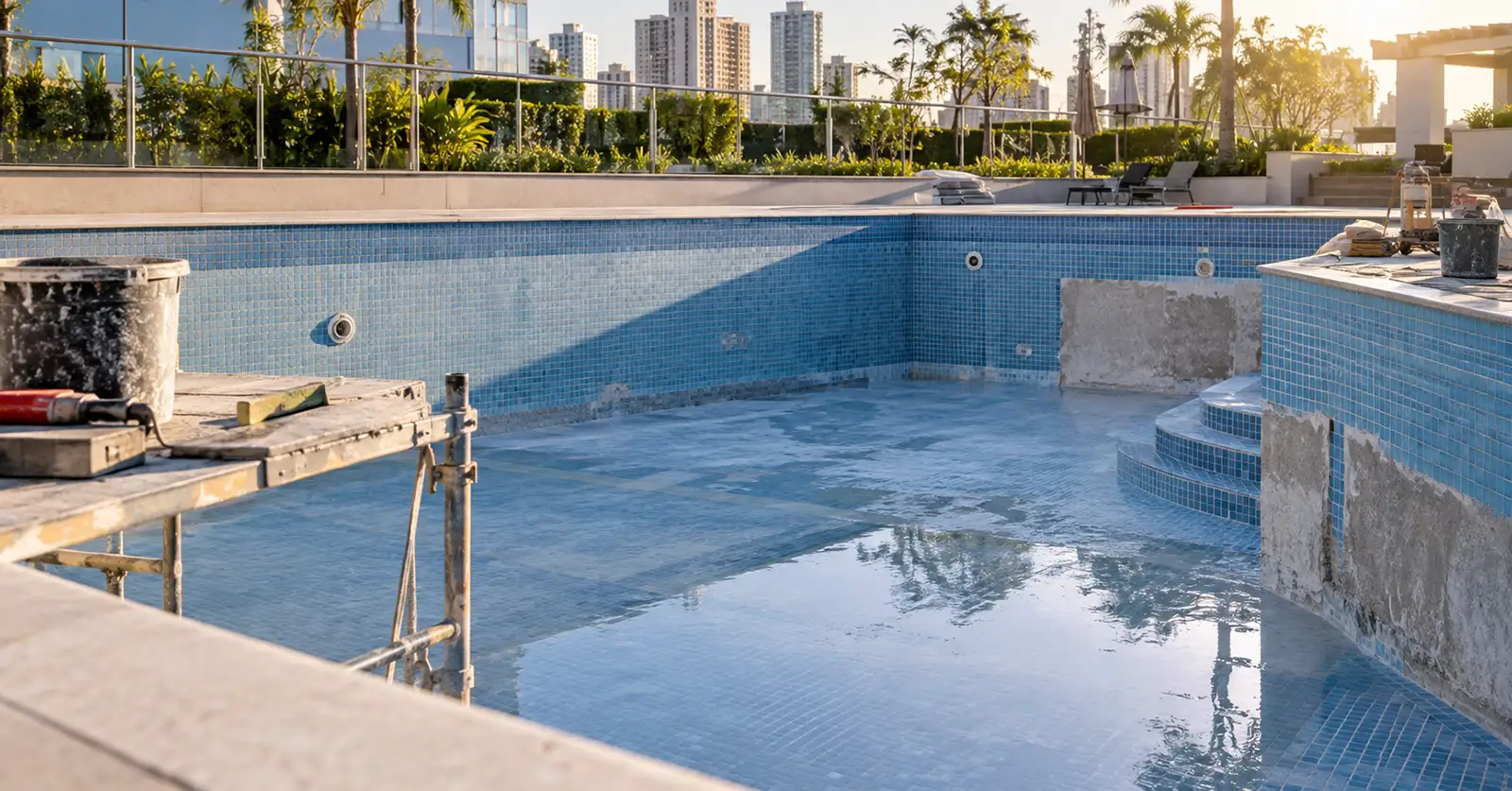 Reforma de piscina de uso coletivo em andamento