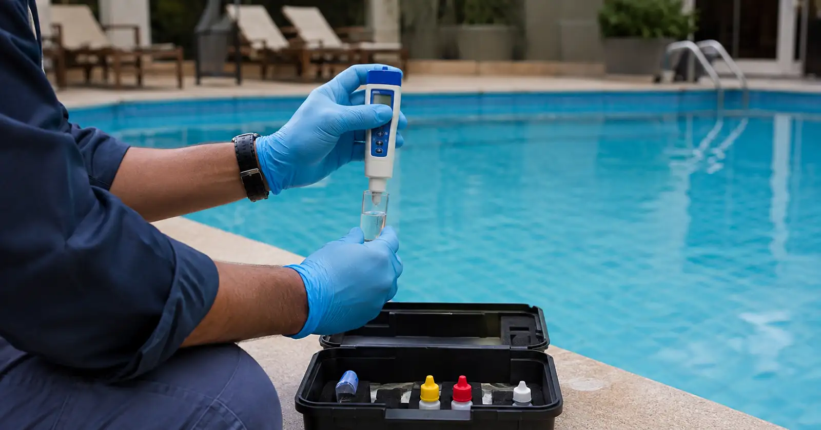 Profissional da Química avaliando o controle técnico da água de uma piscina de uso coletivo