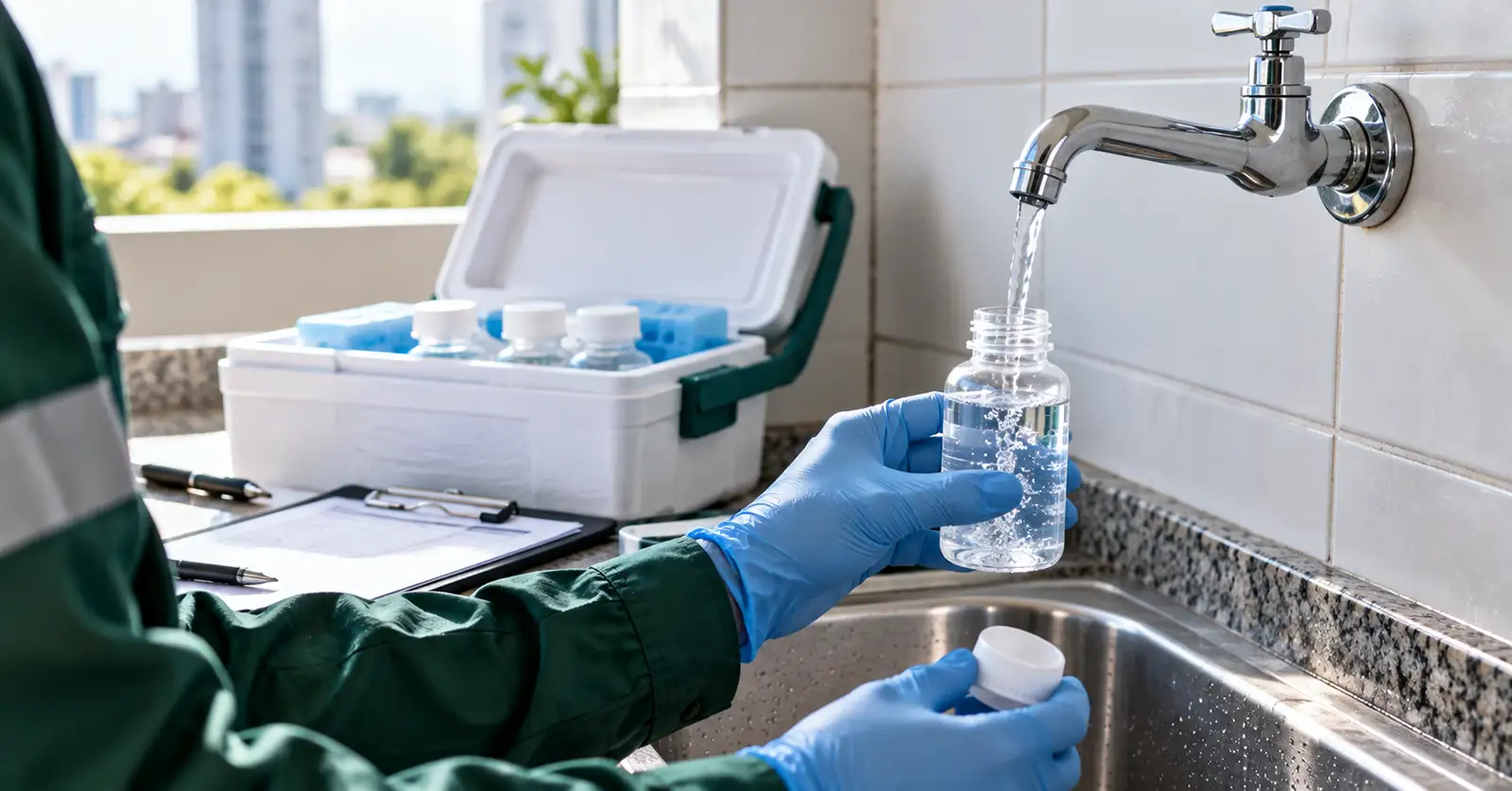 Técnico coletando amostra de água para recoleta após laudo insatisfatório